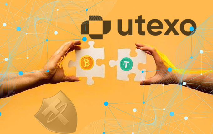 A promotional graphic for Utexo featuring two hands holding puzzle pieces, one displaying the Bitcoin (B) logo and the other the Tether (T) logo, set against an orange background with network graphics.