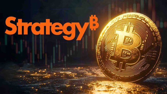 The image shows a gold Bitcoin coin on a wet, glowing surface with candlestick chart bars in the background and the orange "Strategy" logo (featuring a Bitcoin "B" symbol) in the top left. It visually represents Strategy (formerly MicroStrategy) and its recent $2.01 billion MSTR share sale, highlighting the company's shifting financial strategy away from its typical Bitcoin acquisitions toward debt repayment and share buybacks.