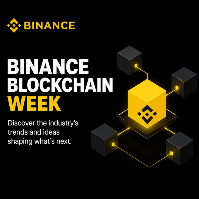 A Binance promotional graphic with a black background featuring the text 'BINANCE BLOCKCHAIN WEEK' and 'Discover the industry's trends and ideas shaping what's next,' alongside a 3D illustration of connected cubes with the Binance logo.