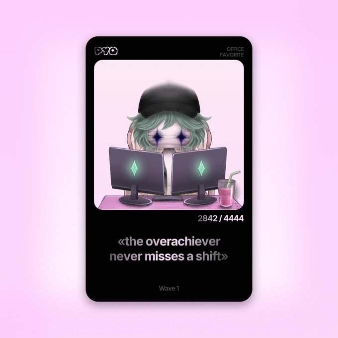 A digital trading card labeled 'the overachiever never misses a shift' featuring a green-haired anime character with a cap working at dual computer monitors displaying green diamond icons.