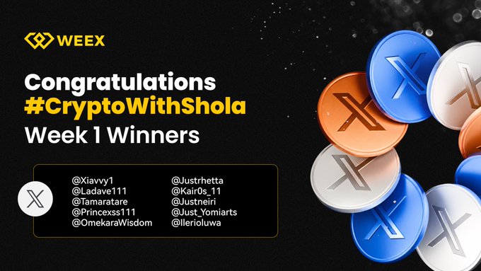 A WEEX promotional banner congratulating '#CryptoWithShola Week 1 Winners' listing usernames like @Xiavvy1, @Justbetta, and others, alongside decorative X (cryptocurrency) tokens.