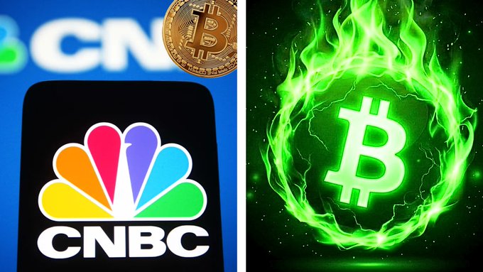 A split image showing the CNBC logo with a physical Bitcoin on the left, and a glowing green Bitcoin symbol on the right.