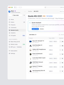 A screenshot of the Breakout Shopify admin panel showing a Quote Assistant feature and a product list.