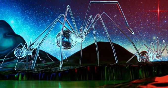 A surreal 3D render of a large glass or crystal spider with long legs standing on a reflective surface against a starry night sky with blue and red nebulae.