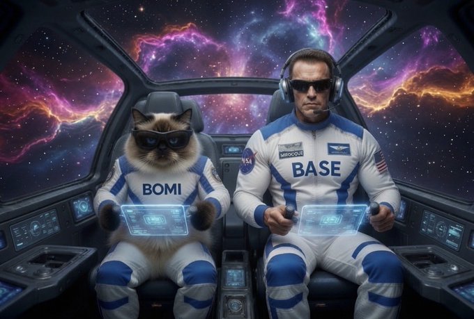 A digital illustration of a cat named 'BOMI' and a man, both wearing white and blue 'BASE' branded spacesuits, sitting in a spaceship cockpit with a colorful cosmic nebula visible through the windows.