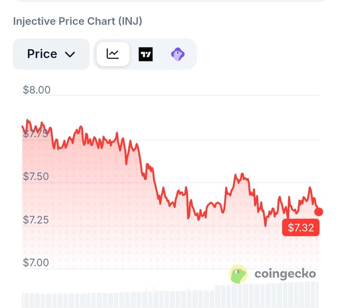 A CoinGecko price chart for Injective (INJ) showing a downward trend, with the price currently at $7.32.