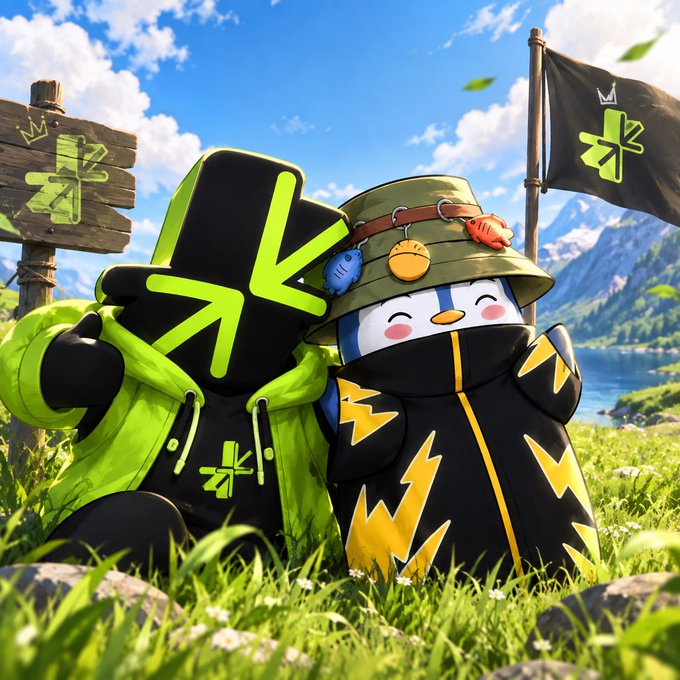 Two cheerful penguin-like mascots pose in a grassy mountain landscape, one wearing a black top hat with a neon green crown logo and hoodie, and the other sporting a fishing hat with fish charms and a black coat adorned with yellow lightning bolts. The Limitless brand is prominently displayed through matching logos on the mascots' clothing and a black flag in the background, visually tying into the post's announcement of a partnership with @trylimitless.