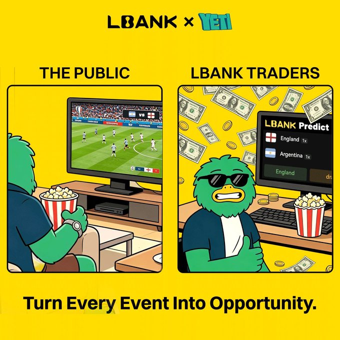An advertisement comparing 'THE PUBLIC' watching sports to 'LBANK TRADERS' using LBank Predict for matches like England vs Argentina, with the tagline 'Turn Every Event Into Opportunity.'