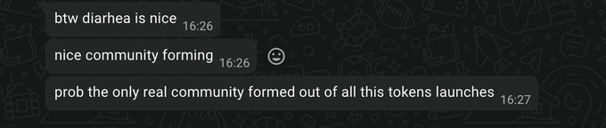 A screenshot of a dark-themed chat conversation where users are humorously discussing diarrhea, with messages reading 'btw diarrea is nice', 'nice community forming', and 'prob the only real community formed out of all this tokens launches'.