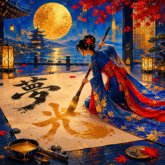A richly colored illustration of a woman in an ornate blue and red kimono using a large brush to paint golden calligraphy characters on paper, with a full moon, Japanese pagoda, and red autumn leaves in the background.