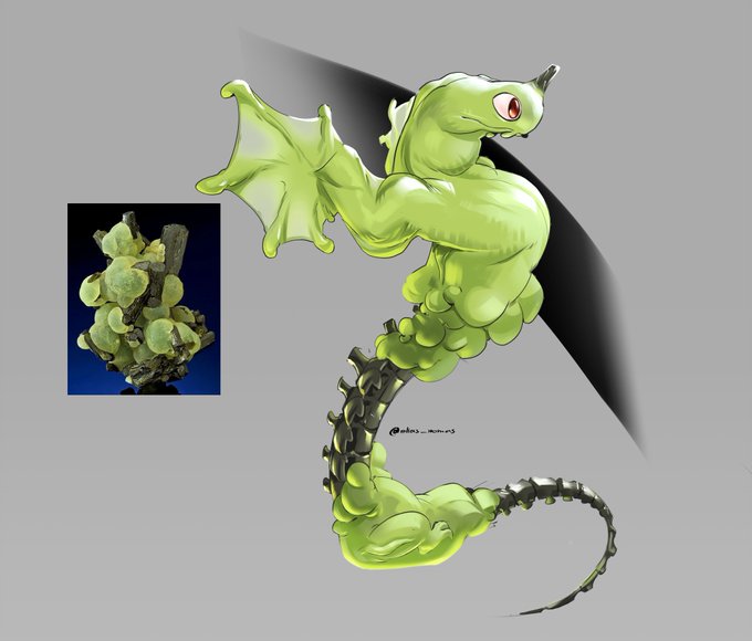 A digital artwork of a green serpentine creature with webbed wings and a skeletal spine, paired with a photograph of a grape cluster where the artist signed "@alexi_moras"