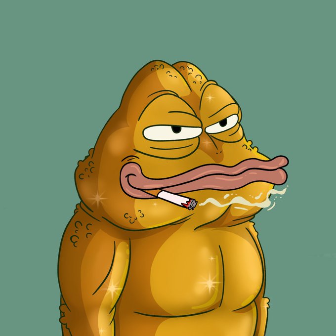 A grumpy, glistening golden Pepe-style frog smokes a cigarette while exhaling vapor, embodying the "something ridiculous" meme ethos tied to the project. The smug, "built different" aesthetic of the shiny character visually reinforces the post's message about mining tokens and points as part of a long-term, intentional game.