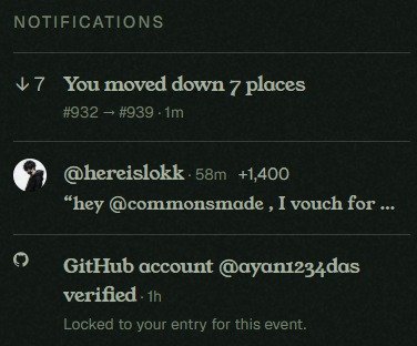A dark-themed notifications panel showing 'You moved down 7 places #932 → #939', a vouch from @hereislokk to @commonsmade, and verification of GitHub account @ayan1234das.