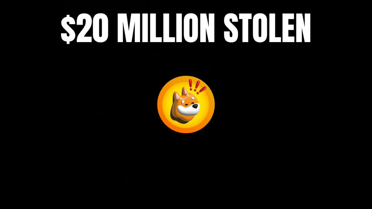 A black thumbnail with bold white text reading '$20 MILLION STOLEN' above a shocked Shiba Inu dog meme coin graphic.