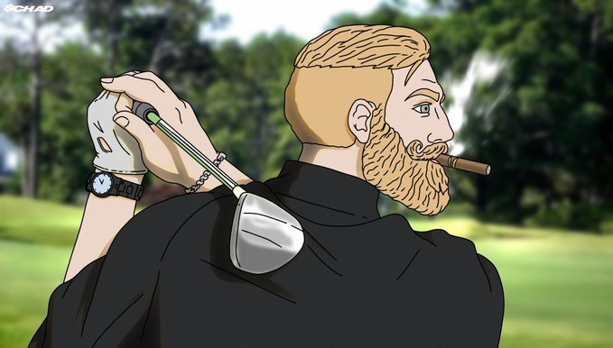 A bearded blonde man with a cigar mid-swing holds a golf club behind his back, wearing a white glove and a wristwatch, set against a blurred green golf course. The "SCHAD" watermark in the corner and the character's confident, composed pose reinforce the $CHAD meme of aspirational self-improvement and alpha energy, perfectly matching the post's call to "become a chad."