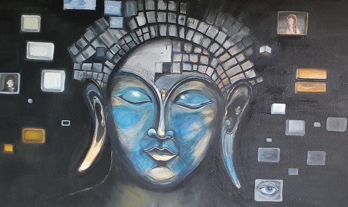 An artistic painting features a serene blue face with closed eyes, reminiscent of Buddha, adorned with an ornate headdress, set against a dark background decorated with floating rectangular tiles and small portraits.