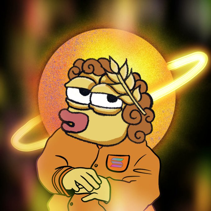 A cartoon character with curly hair and a laurel wreath strikes a smug, knowing pose against a glowing planetary halo, while a small rainbow Apple logo on their pocket reinforces the post's playful jab about choosing the "better ecosystem."