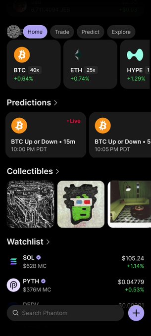 A mobile app screenshot showing cryptocurrency prices for BTC (+0.64%), ETH (+0.74%), and HYPE (+1.29%), along with predictions, collectibles, and a watchlist featuring SOL ($105.24) and PYTH ($0.04779).
