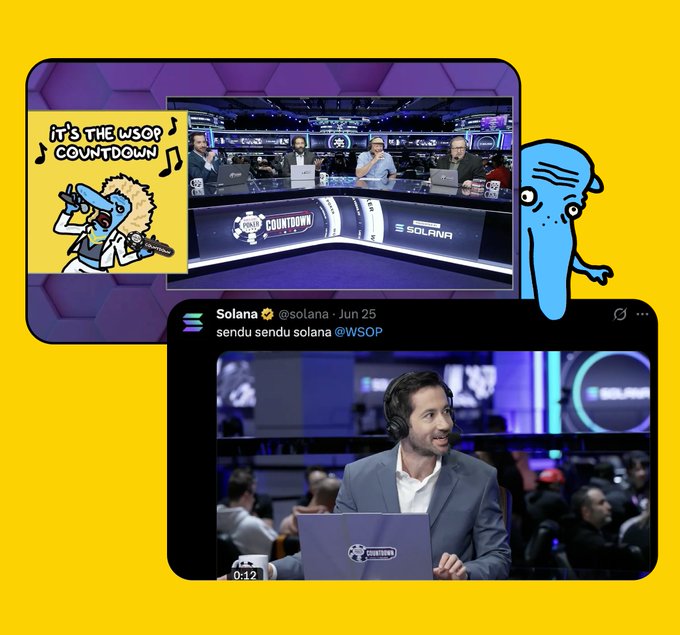 A collage with a yellow background shows the Solana @solana Twitter post about sending 'sendu sendu solana @WSOP' alongside images of the World Series of Poker Countdown event featuring the Solana logo.