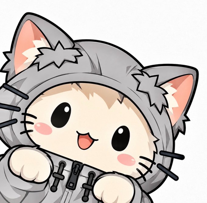 A cute cartoon kitten wearing a gray cat-eared hooded jacket smiles brightly while holding a phone. The image accompanies a humorous post about a partner teasing their significant other for using the FOMO trading app, with the playful "e-kitten" character personifying the trader's beloved preoccupation with building wealth.