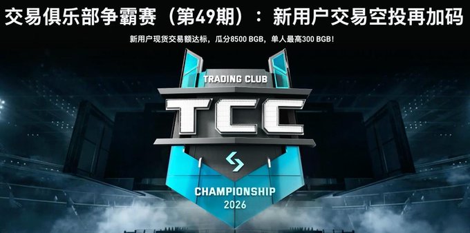 Promotional banner for Bitget's Trading Club Championship (第49期), featuring the TCC Championship 2026 logo and announcing a new user spot trading competition with an 8,500 BGB prize pool (max 300 BGB per user), tied to the post's call for new users to register and trade $BTC, $DOGE, and $BGB to qualify for rewards.