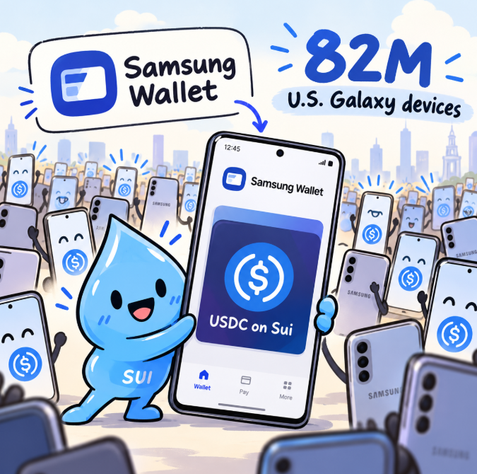 An illustrated promotional image shows a Sui mascot holding a smartphone displaying 'USDC on Sui' in Samsung Wallet, surrounded by 82M U.S. Galaxy devices depicted as animated phones.