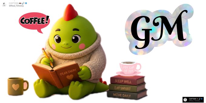 A cute green Sleepagotchi character wearing a cozy sweater writes in a "Dear Diary" journal with a speech bubble saying "COFFEE!", alongside stacked books labeled "SLEEP WELL," "EAT SMART," and "MOVE DAILY" beneath a holographic "GM" logo and a "STAY CUP OF TEA" mug, promoting healthy habits in line with the @sleepagotchi wellness message.
