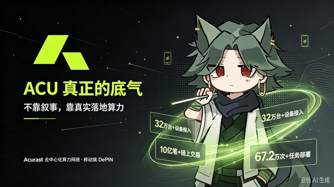 A promotional graphic featuring an anime-style character with green hair next to the ACU logo, highlighting statistics including 32万台+设备投入, 10亿笔+链上交易, and 67.2万次+任务部署.
