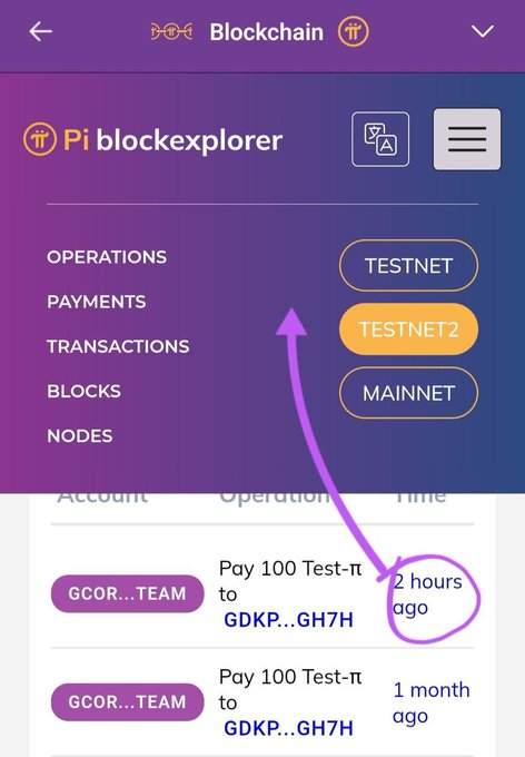 A screenshot of the 'Pi blockexplorer' mobile app showing the 'Blockchain' section with 'TESTNET2' highlighted in orange, and an arrow pointing to a recent transaction 'Pay 100 Test-π' from 2 hours ago.