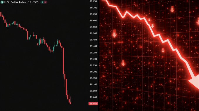 A chart showing the U.S. Dollar Index (DXY) on a 15-minute timeframe, displaying a sharp downward trend with a significant drop to 98.992 on the left, contrasted with a stylized red graphic of a steep declining line and downward arrows on the right.