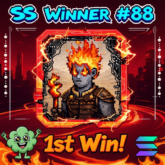 A celebratory digital graphic reading "SS Winner #88" and "1st Win!" featuring a pixel-art character with a flaming skull holding a torch, alongside a green cartoon mascot and the Solana logo.
