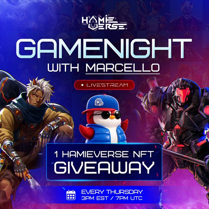 A promotional graphic for a "GAMENIGHT WITH MARCELLO" livestream featuring characters from "HOMEVERSE," announcing a "1 HAMIEVERSE NFT GIVEAWAY" every Thursday at 3PM EST / 7PM UTC.