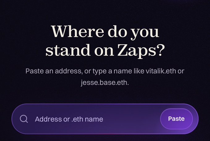 A dark-themed webpage interface displays the heading 'Where do you stand on Zaps?' with instructions to 'Paste an address, or type a name like vitalik.eth or jesse.base.eth,' along with a search bar for 'Address or .eth name.'