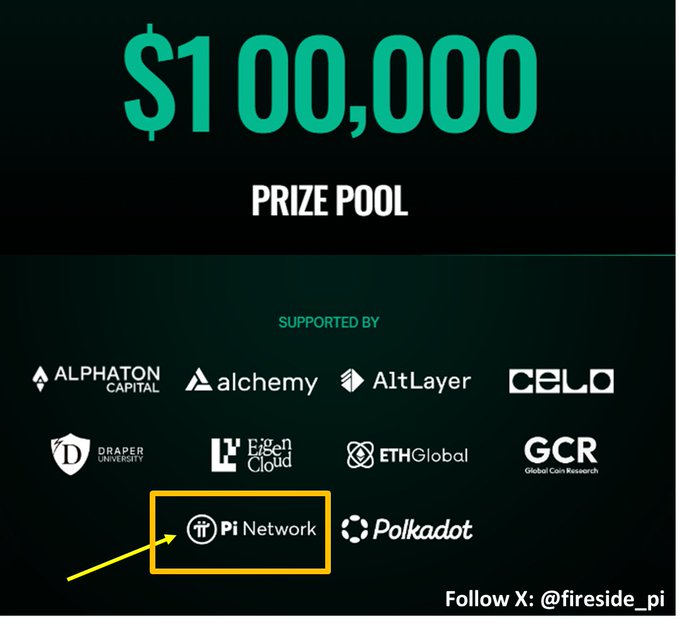 The image displays a promotional graphic for TOKEN2049 Singapore featuring a "$100,000 PRIZE POOL" sponsored by various crypto and blockchain companies, with "Pi Network" highlighted by a yellow box and arrow among the supporters including Alphalon Capital, Alchemy, AltLayer, Celo, Draper University, Eigen Cloud, ETHGlobal, GCR, and Polkadot.