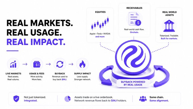 The image is an infographic for the token $INJ, headlined "REAL MARKETS. REAL USAGE. REAL IMPACT.," showing three live asset categories—Equities (Apple, Tesla, NVIDIA), Receivables (real-world cash flow), and Real World Assets (tokenized and tradable)—all feeding into a circular "BUYBACK POWERED BY REAL USAGE" loop. It outlines a four-step process: Live Markets → Usage & Fees → Buyback (revenue used to buy back $INJ) → Supply Impact (less supply, stronger network), with supporting notes that assets are "Not just tokenized. Integrated," trade on a live orderbook, and run on the same chain for aligned holders.

This visual directly reinforces the post's argument that $INJ holders benefit from real-world asset (RWA) volume on Helix Market, since the listed equities and receivables generate fees that flow back into the same buyback mechanism, reducing supply and strengthening the