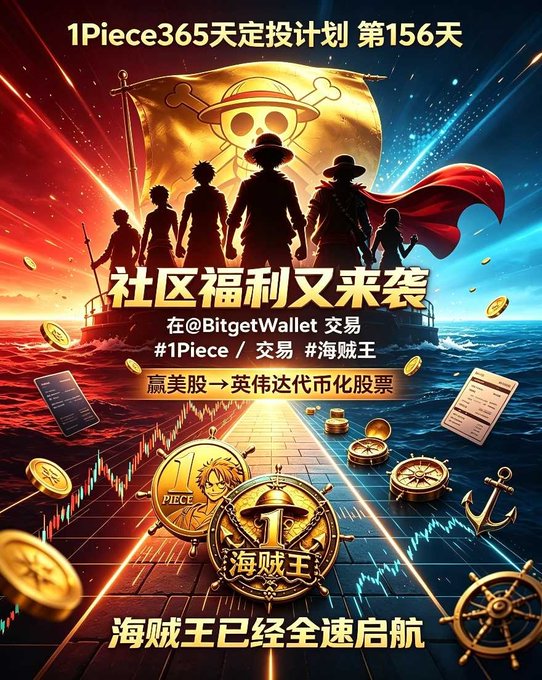 A promotional poster featuring One Piece characters with text including '1Piece365天定投计划 第156天', '#1Piece', and Chinese text about trading and stock tokenization on Bitget Wallet.