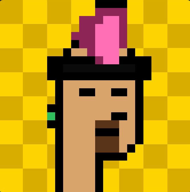 A pixel art style portrait of a character with a brown beard and a pink mohawk against a yellow checkered background.