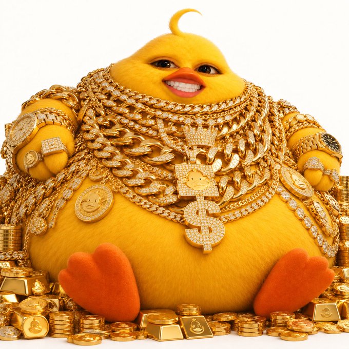 A chubby yellow chick character sits surrounded by piles of gold coins, dripping in oversized diamond-encrusted chains, dollar sign pendants, and luxury watches. The image of extreme wealth plays into the username "wthelly," suggesting a humorous flex of opulence and lavish flex culture.