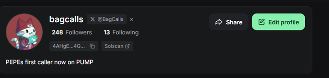 The image shows a social media profile for "bagcalls" (@BagCalls) with 248 followers and 13 following, featuring a Pepe the Frog avatar and the bio "PEPES first caller now on PUMP." The profile highlights the user is just 2 followers away from reaching their first milestone of 250, as referenced in their post about scaling up from 250 to 2500 to 25000 followers.