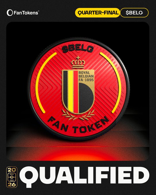 The image displays a red Fan Token coin featuring the Royal Belgian Football Association crest (1895), labeled "$BELG" with "QUALIFIED" prominently at the bottom and "QUARTER-FINAL" highlighted at the top. The "2026" badge in the corner and the 5% burn announcement tie directly to the post's celebration of Belgium advancing to the knockout stage, triggering a token treasury burn incentive tied to their tournament performance.