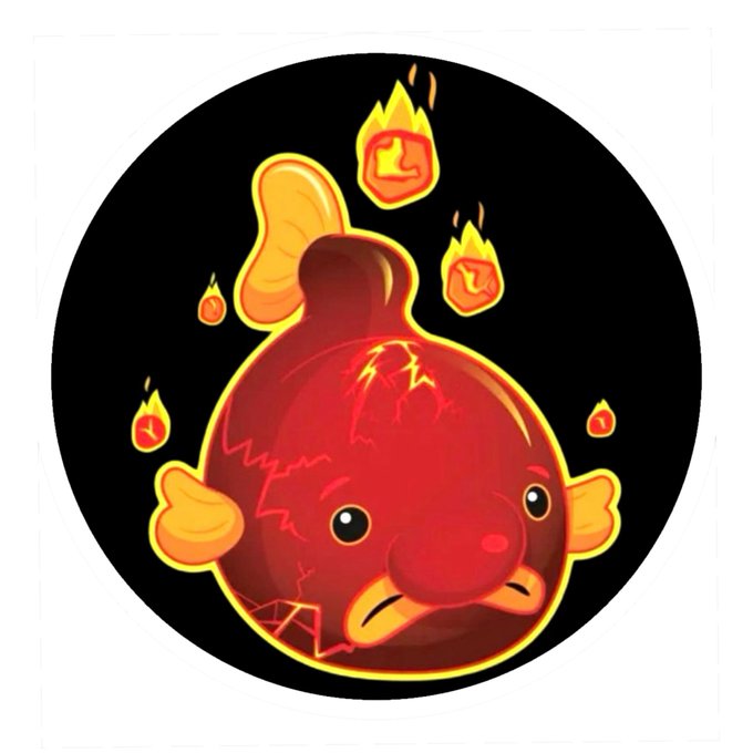 A cartoon red pufferfish with a sad face floats against a black background, surrounded by small flames and surrounded by a yellow glow.