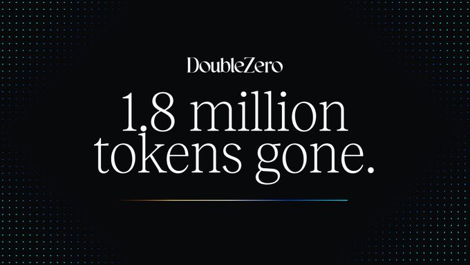 The image displays the DoubleZero logo above the bold text "1.8 million tokens gone." against a dark background with a subtle dotted pattern, visually emphasizing the message that 1.8 million $2Z tokens have been permanently burned and removed from supply.