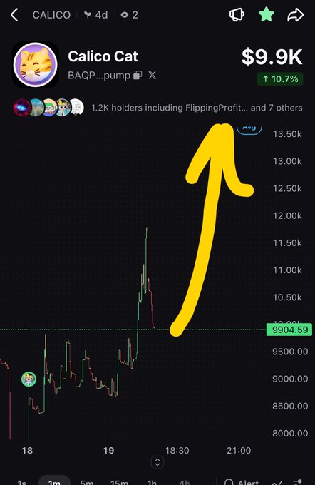 A mobile trading app screenshot shows 'Calico Cat' (CALICO) trending upward to $9.9K (+10.7%), with a large yellow arrow pointing up drawn on the chart.