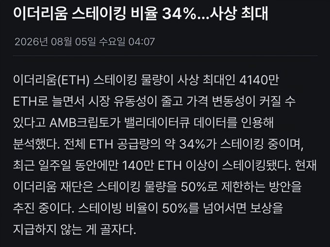 A Korean news article headline reading '이더리움 스테이킹 비율 34%...사상 최대' (Ethereum staking ratio 34%...all-time high), dated August 5, 2026.