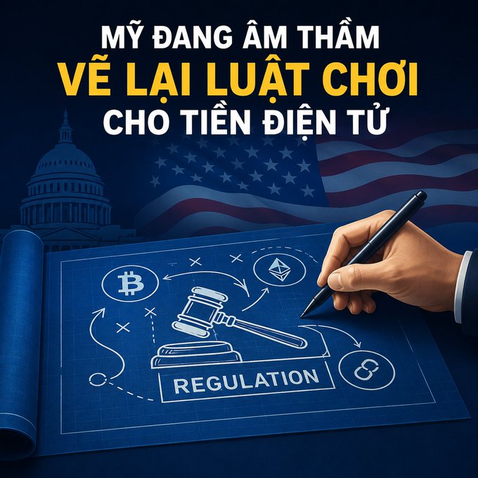 A Vietnamese news graphic titled 'MỸ ĐANG ÂM THẦM VẼ LẠI LUẬT CHƠI CHO TIỀN ĐIỆN TỬ' (US is quietly redrawing the rules for cryptocurrency), showing the US Capitol, flag, and a hand drawing crypto regulation icons.