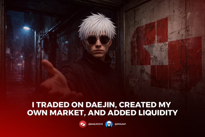 A dark promotional image shows a white-haired man in sunglasses extending his hand in an alley, with the text: “I TRADED ON DAEJIN, CREATED MY OWN MARKET, AND ADDED LIQUIDITY.” The @DAEJINXYZ and @OMLDeFi handles appear below, reinforcing the post’s message about creating a prediction market and adding liquidity.
