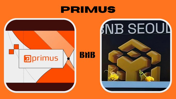 A graphic on an orange background labeled 'PRIMUS' displays two square icons labeled 'BNB' and 'BNB SEOUL', featuring cryptocurrency logos.