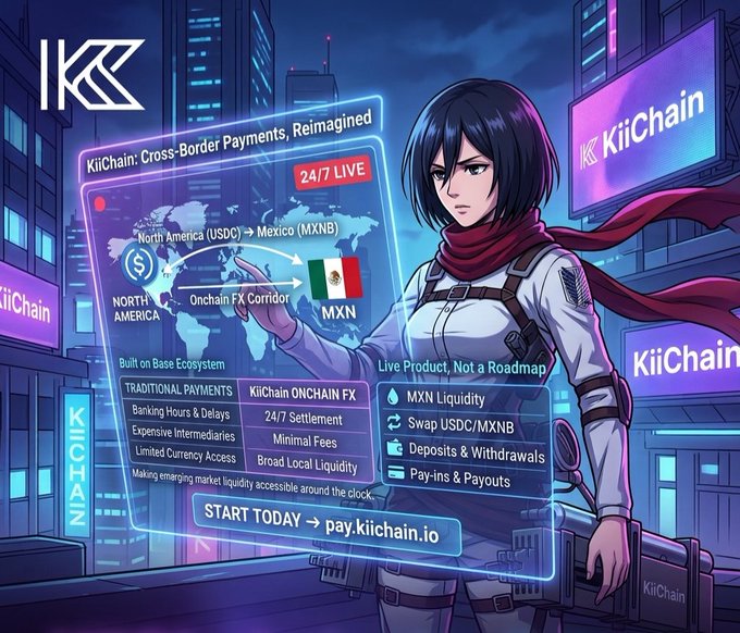 A cyberpunk-style illustration features a hooded character holding a futuristic holographic interface promoting "KiiChain: Cross-Border Payments, Reimagined," highlighting a USDC-to-MXN onchain FX corridor with 24/7 settlement and features like MXN liquidity and swap USDC/MXNB, set against a neon-lit cityscape displaying "KiiChain" billboards.

The image visually reinforces the post's message by contrasting KiiChain's 24/7 onchain FX solution—built on Base with minimal fees and broad local liquidity—against the limitations of traditional payments (banking hours, delays, intermediaries) for cross-border transfers from North America to Mexico.