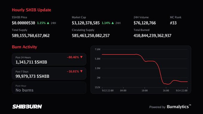 A dashboard titled 'Hourly SHIB Update' displays cryptocurrency metrics including a SHIB price of $0.00000530, market cap of $3,120,378,585, and a 'Burn Activity' chart showing a steep decline in burns over time, powered by Burnalytics and SHIBBURN.
