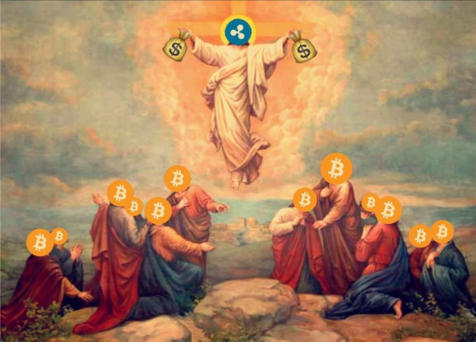 A religious painting parody depicting a Jesus-like figure with a Ripple (XRP) logo holding money bags, with apostles below wearing Bitcoin (BTC) logos on their heads.